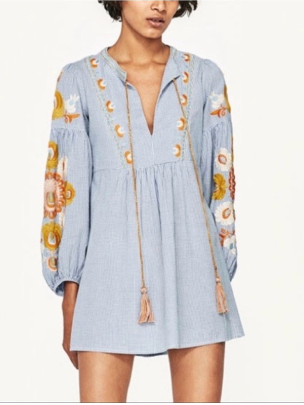 Women's Cotton Embroidered Puff Sleeve Mini Dress sz S - Blue & White Gingham